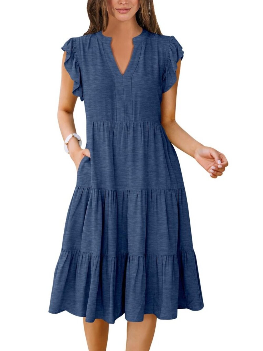 Womens Summer Dress Ruffle Sleeve V Neck Midi Dresses